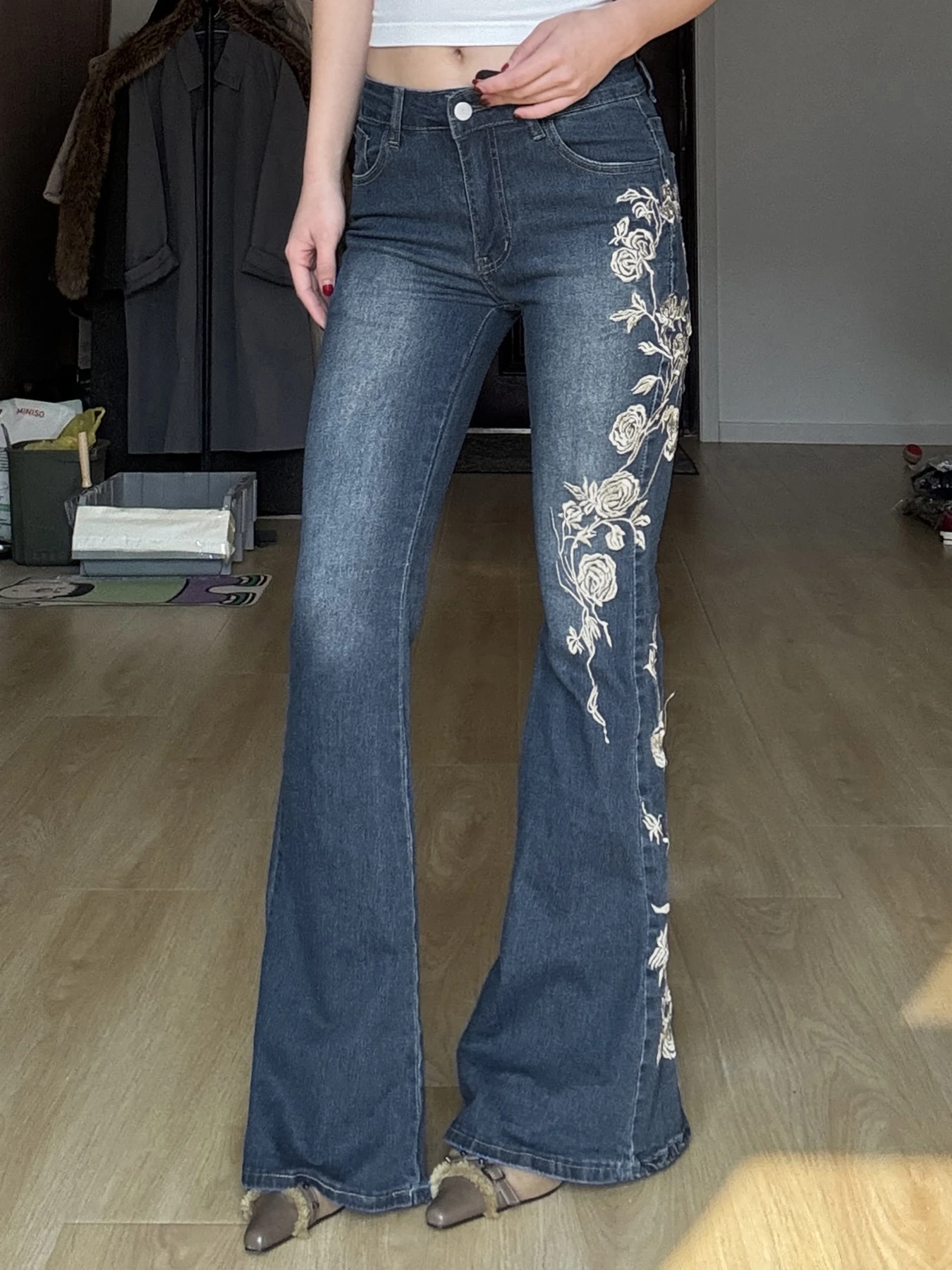 Weekeep Retro Floral Embroidery Jeans Vintage 2000s Low Rise