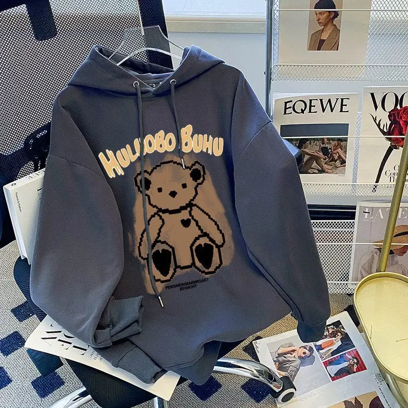 Autumn Bear Print Casual Hooded Sweatshirt For Men Women Japanese Hoodies Pullover Harajuku Fashion Y2K Streetwear 2023