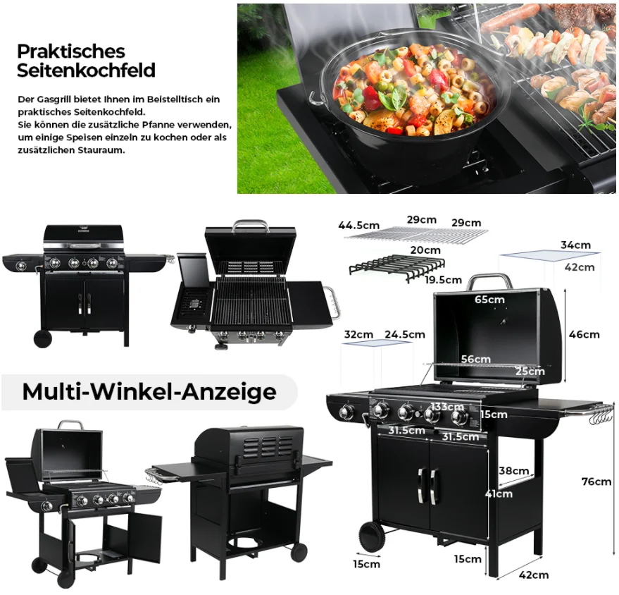 Gas-Grillwagen mit Piezo-Zündung & Thermometer für Gartenpartys