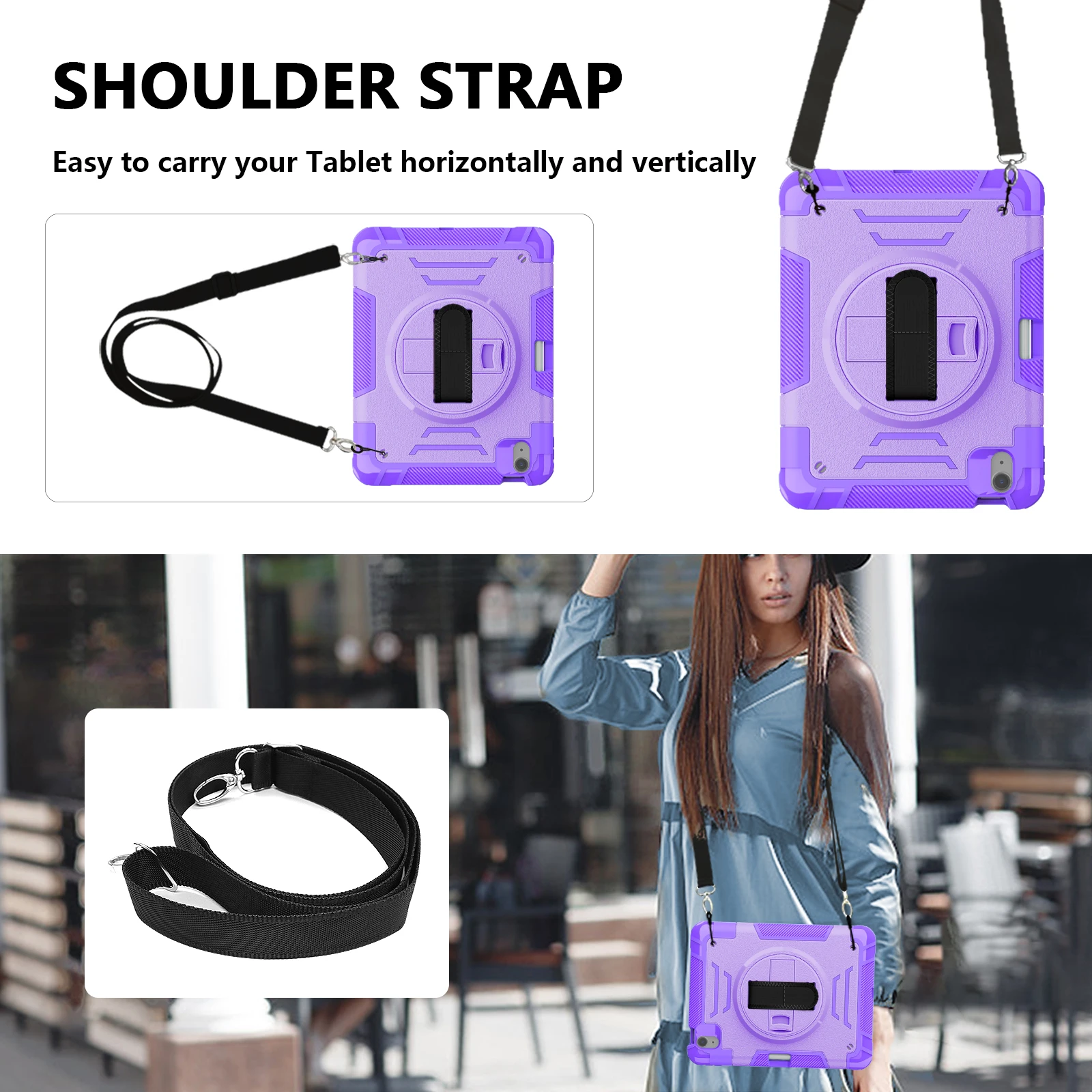 Full Body Shockproof Tablet Case with Rotating Hand Strap and Stand, 10.2-Inch
