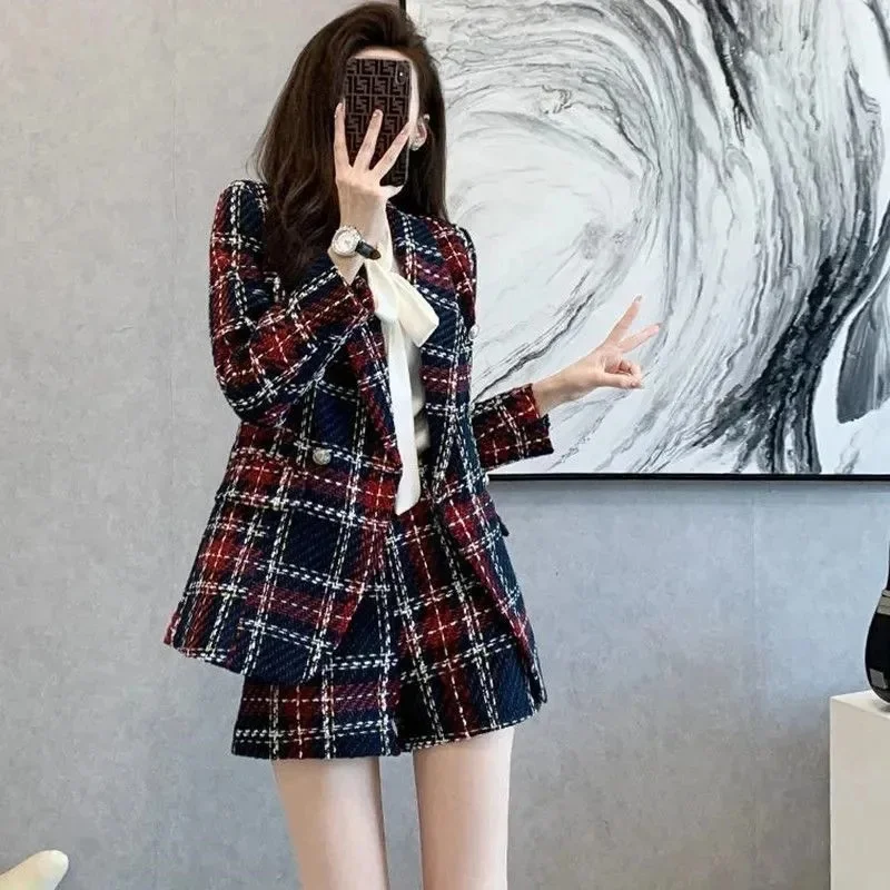 Skirt Sets Casual Suit Female 2025 Autumn Winter New Net Red Popular Plaid Small Suit Shorts Two-Piece Female Button Commute