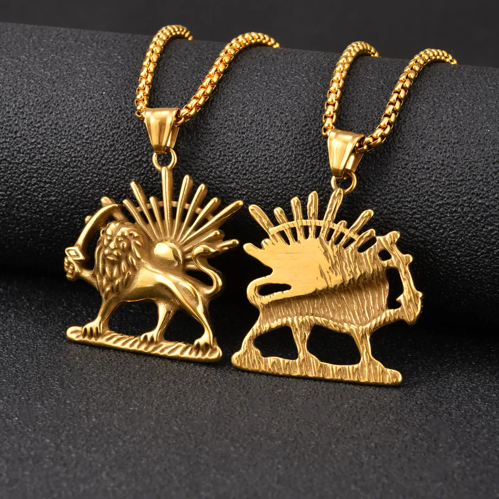 Vnox Löwen-Sonnen-Anhänger-Halskette für Männer, Edelstahl, gold- und silberfarben, Kastenkette, Streetwear, Alltagsschmuck, Geschenk
