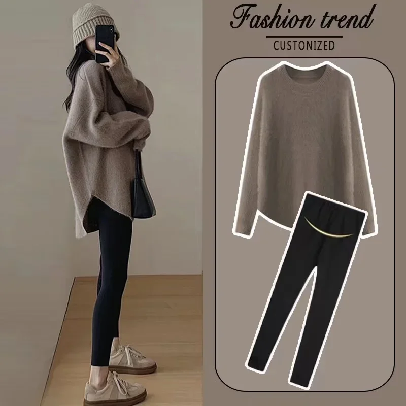 Autumn and Winter Pregnant Woman Clothes Set Plus Size Irregular Sweater+Belly Leggings Twinset Fashion Maternity Pants Suits