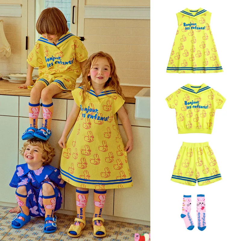 

Girls Dress 2023 New Summer Korean Kids Boys Girls Yellow Printed T-Shirts Shorts Suit Vestidos Children's Clothing