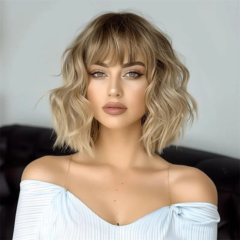 Rooted Blonde Bob Wig with Bangs Heat Resistant Fiber ombre blond Fringe Wavy Wig Synthetic Lace Front for Women Daily Use