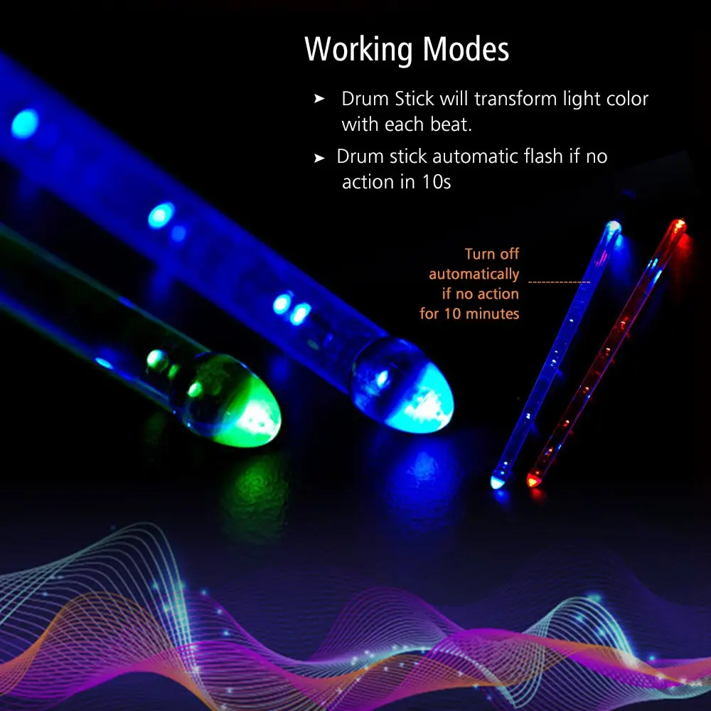 Drum Sticks Light Up LED Jazz 15 Gradient Colorful Lights USB Charging with Switch Drum Set Accessories