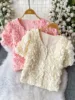 Ele ort Bubble Sve irt V-Ne Floral Decoration Women's Summer Faion Heavy Embroidery Sweet Anti-Aging Outerwear