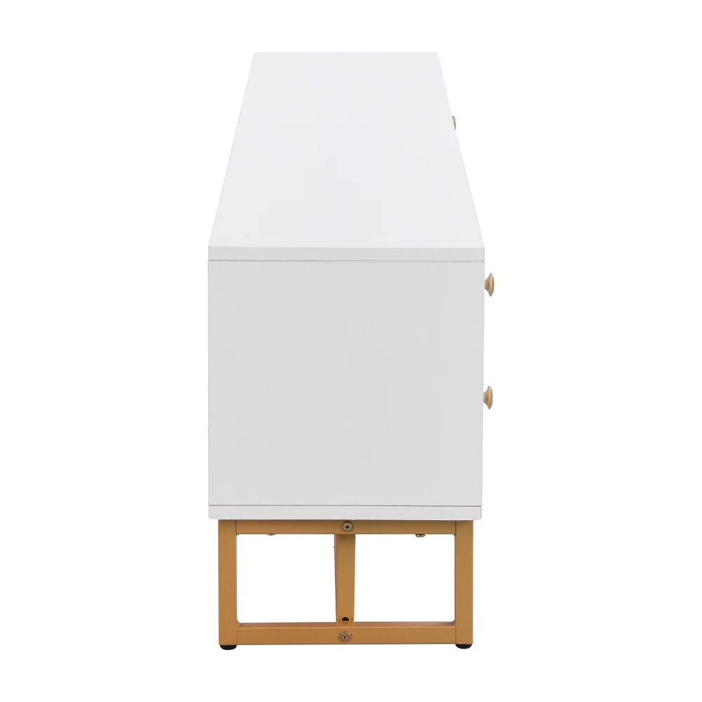 Moderner, stilvoller TV-Schrank – niedriges Panel mit strukturierter Tür, Aufbewahrungsschubladen und goldenen Griffen/Füßen, TV-Möbel für das Wohnzimmer – Detail 21