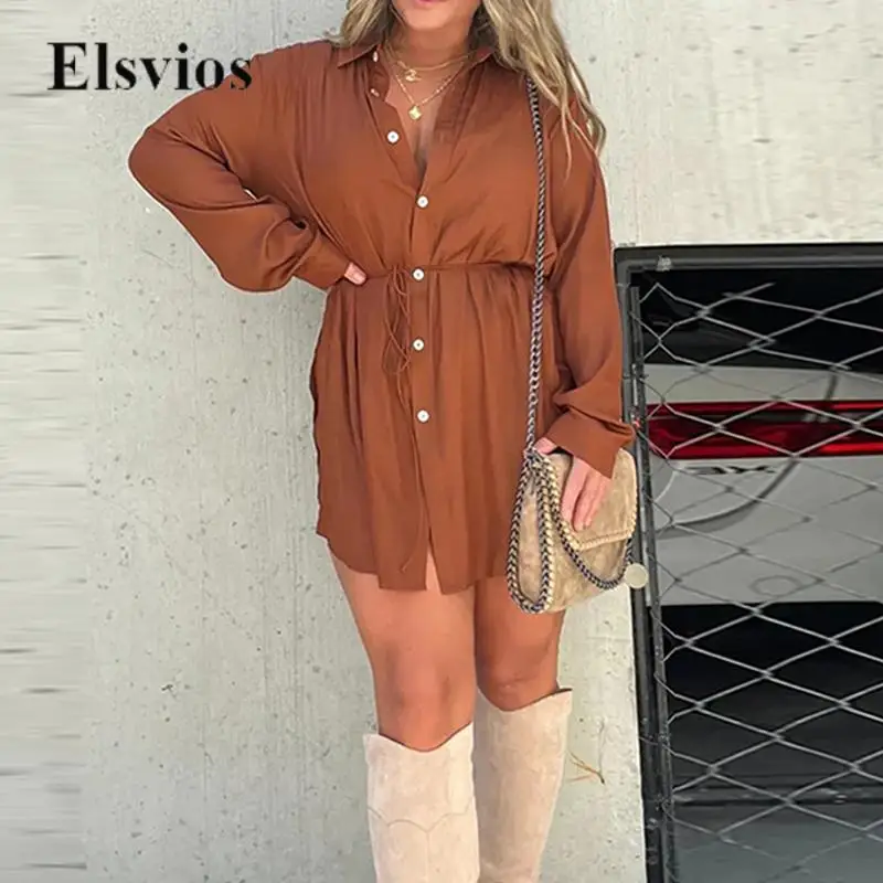 

Casual Tie-up Drawstring Shirt Dress With Shorts Women Fashion Long Sleeve Mini Dress Spring Autumn Lady Solid Button Set Dress