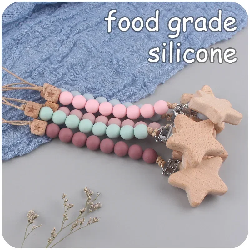 Wooden Personalized Baby Pacifier Leashes Cases Chain Silicone Bead Dummy Nipple Holder Guard Teether Pendant Newborn Gift Stuff