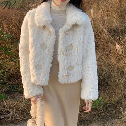 Winter Faux Fur Lamb Wool Jacket Women High-Quality Horn Buckle Short Coat Korean Cotton Added Loose Plush Clothing Overcoat