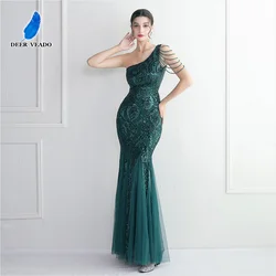 DEERVEADO One Shoulder Emerald Green Sequins Evening Dress for Women Elegant Bodycon Party Maxi Dress Formal Dress Evening Gown
