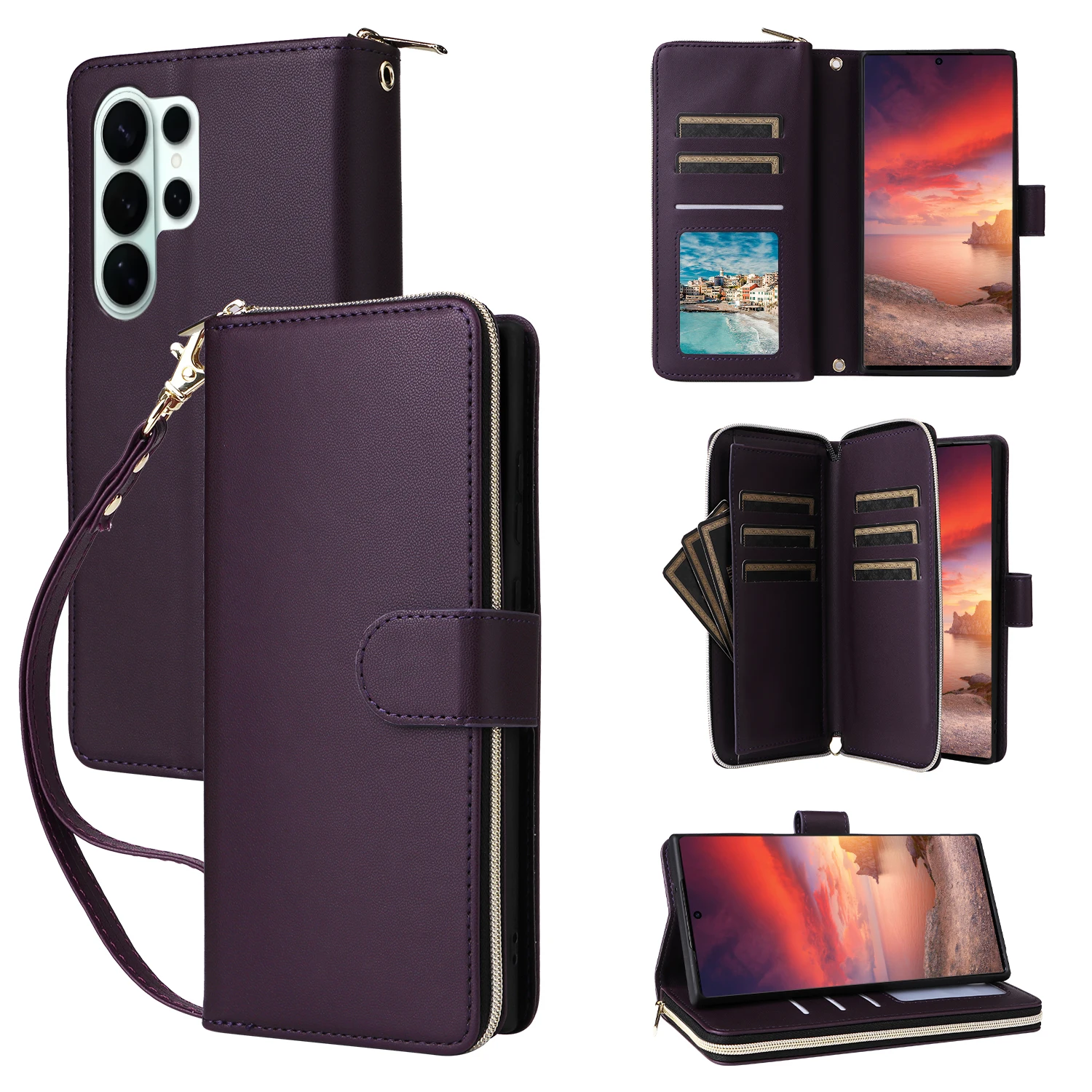 Deluxe Leather Flip Wallet Case with Long Lanyard and Cardholder