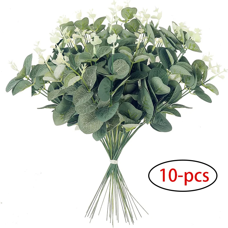 

10pcs 12” Eucalyptus Leaves Bunch Branch Artificial Plastic Plants Leaves Green Stems Wedding Faux Fake Flowers Cake DIY Decor