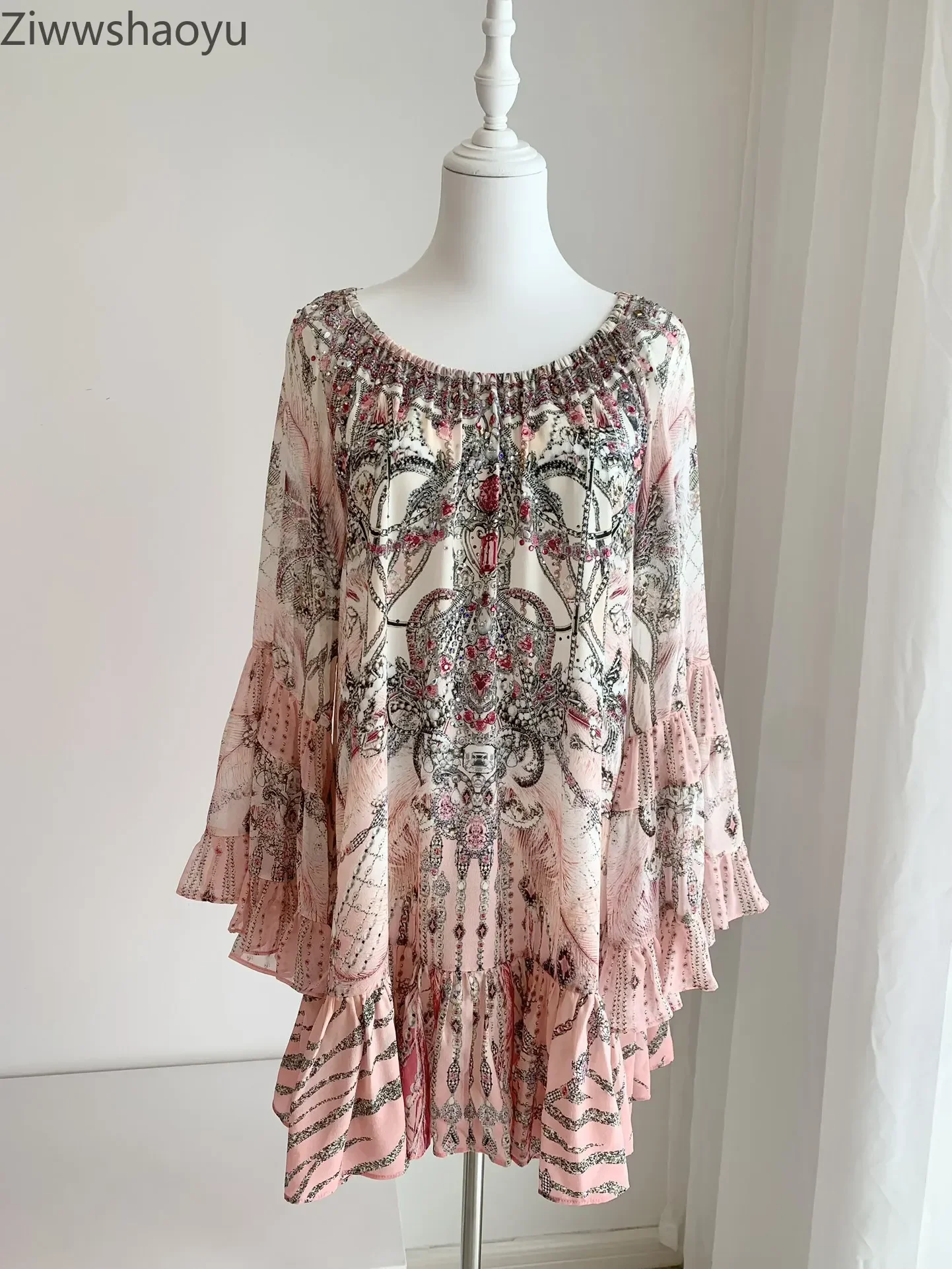 

High Quality Autumn Women Fashion Runway Designer 100% Silk Flower Printed Diamonds Slash Neck Casual Flare Sleeve Mini Dress