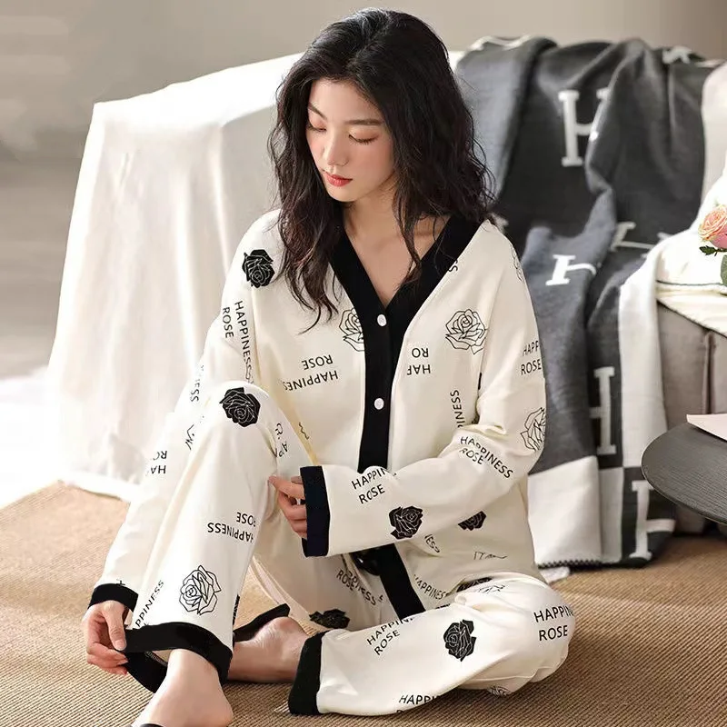 Spring Autumn Women's Milk Silk Pajamas Long Sleeve Cardigan Loose Fitting Home Clothing Set Cute Girl's Sweet Cartoon Sleepwear