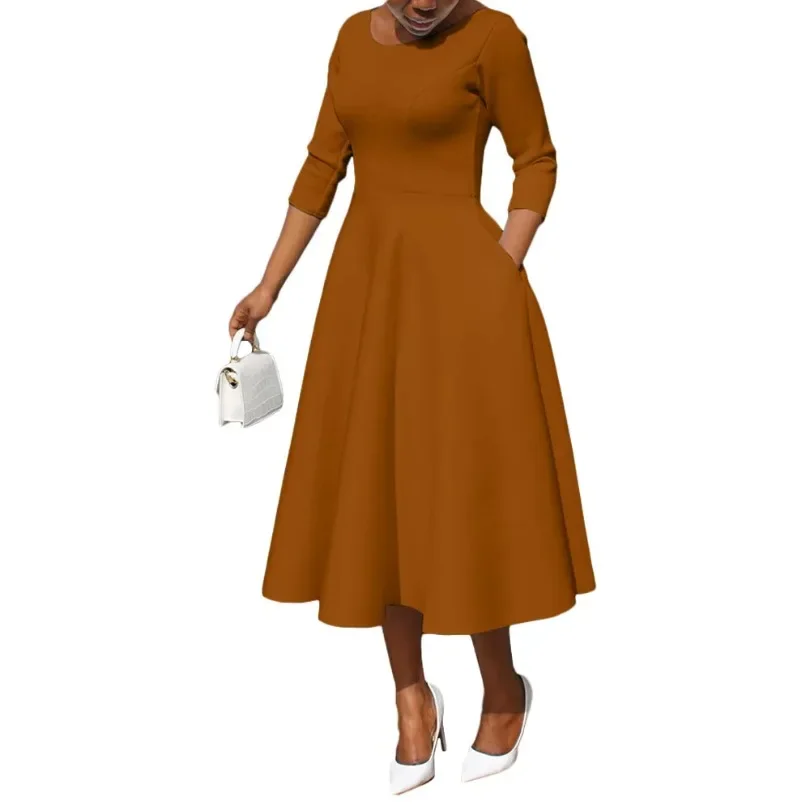 

Elegant Purple Pretty Women Dresses Solid Long Sleeve O-neck Party Evening A Line Pleated Midi Dress Fashion African Clothing