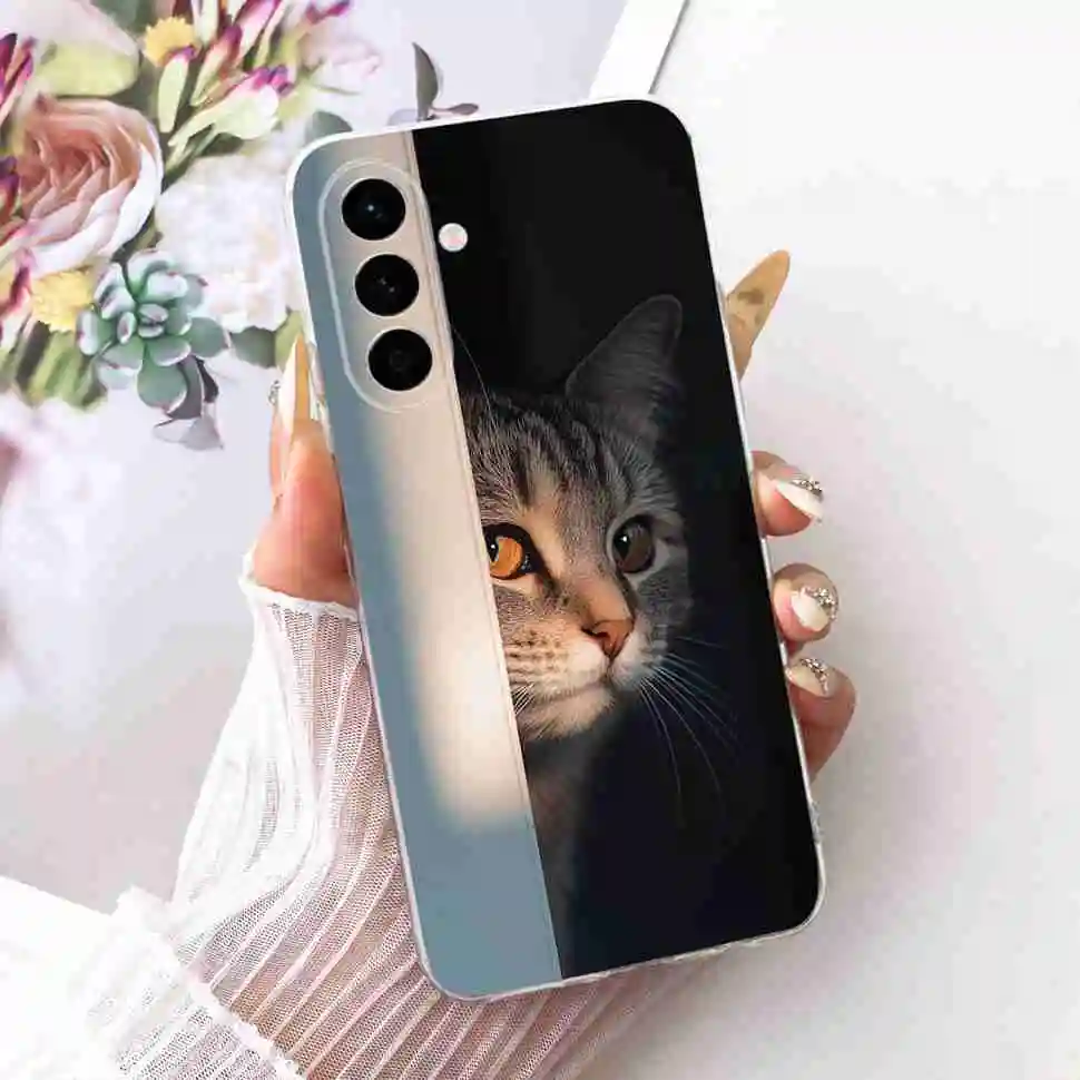 Cute Cat & Floral Design Soft TPU Clear Phone Case with Bumper Shell