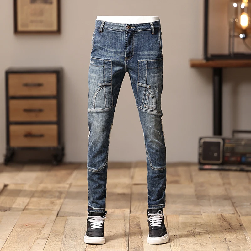 

Streetwear Fashion Men Jeans Retro Blue Stretch Skinny Fit Spliced Designer Biker Jeans Homme Patched Hip Hop Denim Pants Men