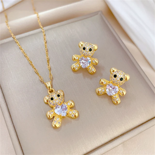 Fashion Crystal Heart Necklace For Women Jewelry Sets Stainless Steel Chain Cute Bear Stud Earring Mothers Day Gift 2