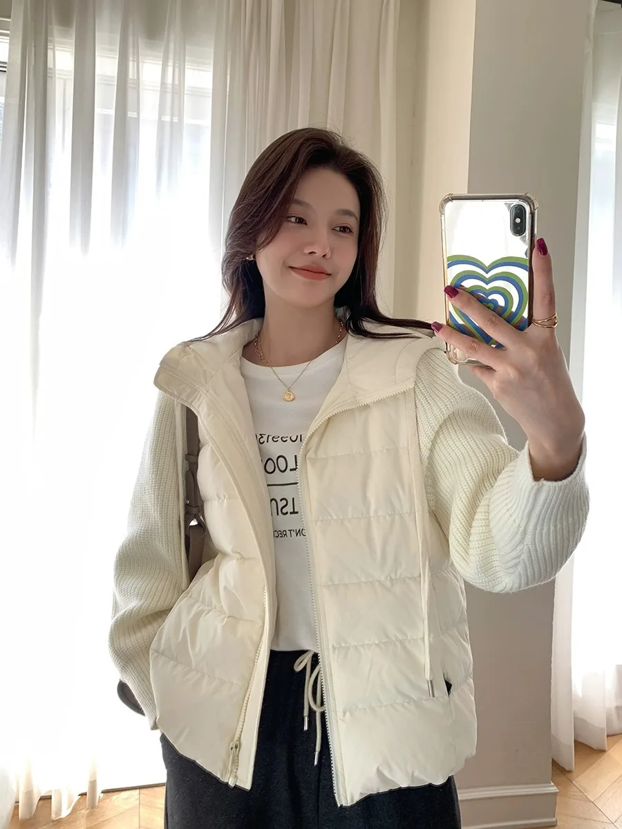 Down Jacket Women's Short Winter New Knitted Stitching Light White Duck down Hooded Loose Coat Tide