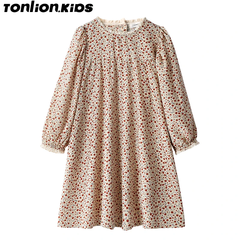 TON LION KIDS Spring Cute Casual Fashion Long Sleeve Dress Elastic Round Neck Girls Dress Kids Princess Dress