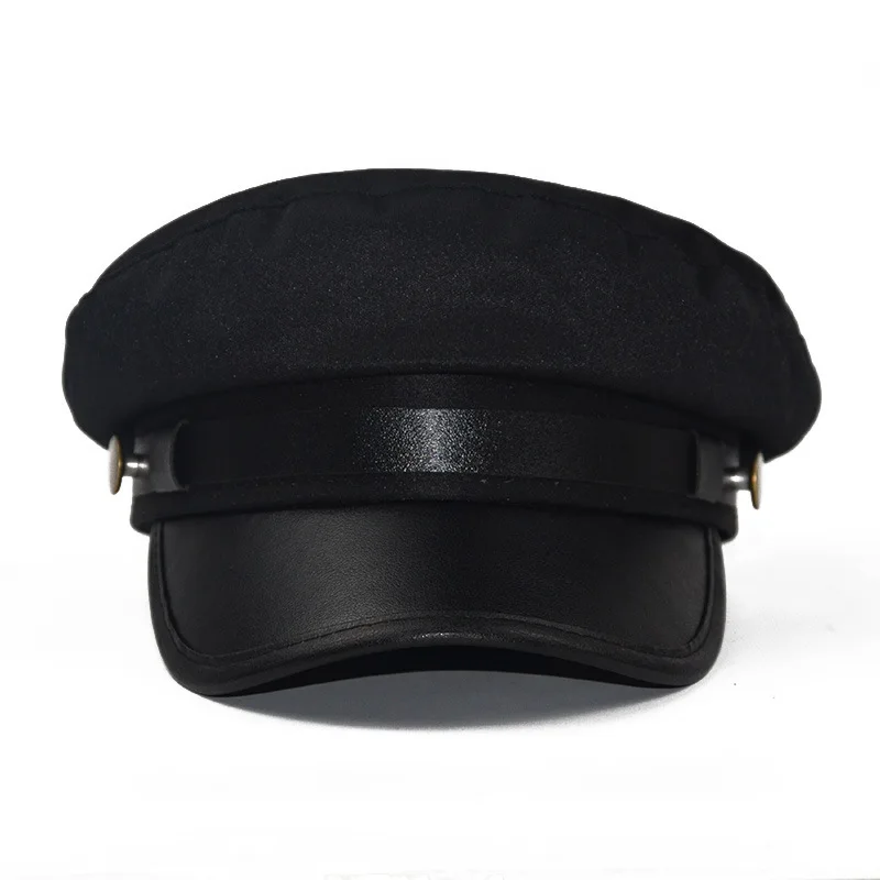 Unisex PU Leather Autumn Sailor Hat for Women Men Vintage Black Female Travel Student Captain Cap Flat Top sailor hat leather hat flat cap flat vintage cap cap hat