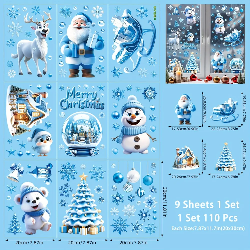 Christmas Festive Window Clings 9 Sheets/110pcs Merry Christmas Stickers for Glass Windows-Snowflake, Reindeer, Santa