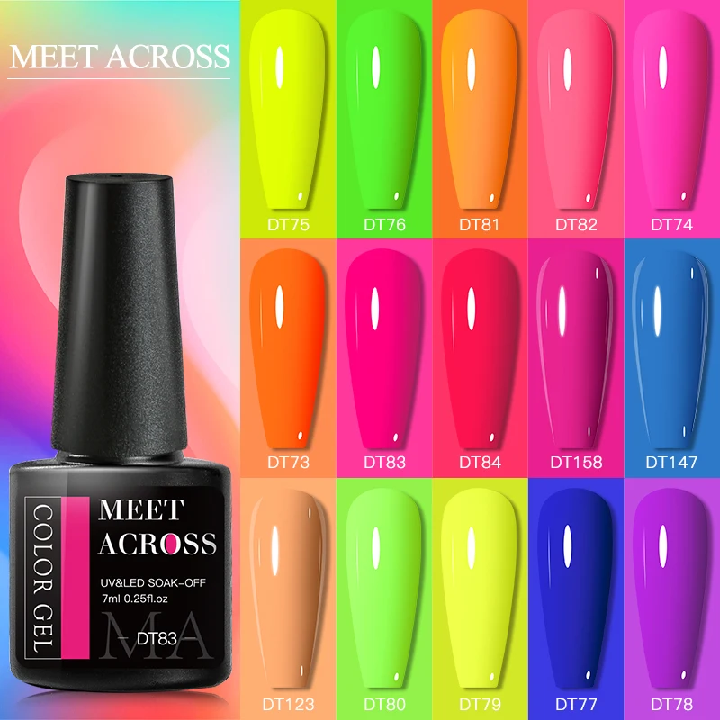 MEET ACROSS 7ml Fluorescent Neon Gel Nail Polish Sparky Semi Permanent Soak Off Nail Art UV LED Gel Varnish For Manicure