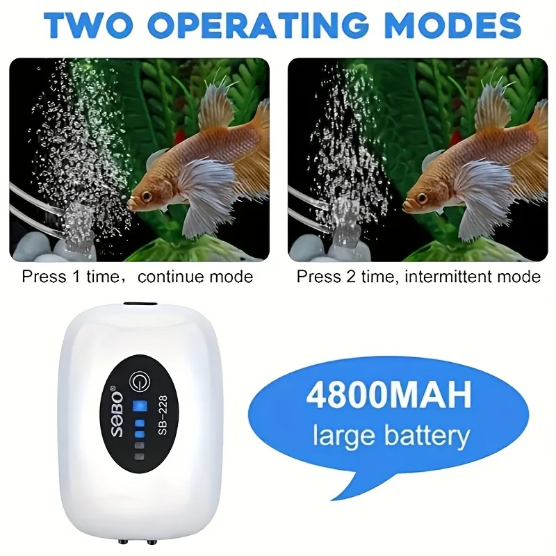 Rechargeable USB Fish Tank Air Pump 4800mAh Battery Silent Oxygen Pump with 1M Tube for Aquarium Outdoor Breeder Tanks Portable 5