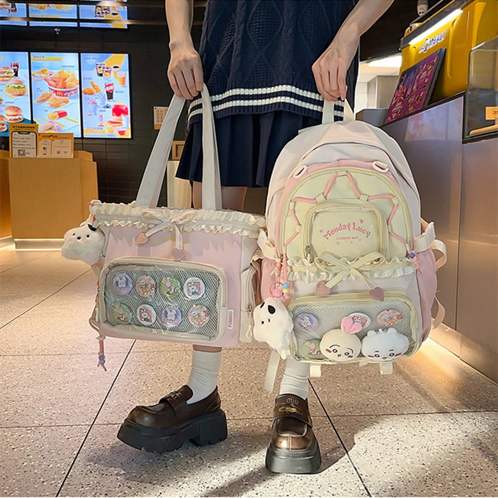 New Y2k Sweet Shoulder Bag Lolita Girl Transparent Tote Bag Women Large Capacity Lace Bow Crossbody Bag Cute DIY Display Handbag