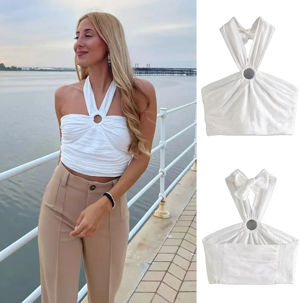 

Women's 2024 Summer New Fashion Versatile Slim Backless Ring Buckle Halter Neck Short Top 3669/359