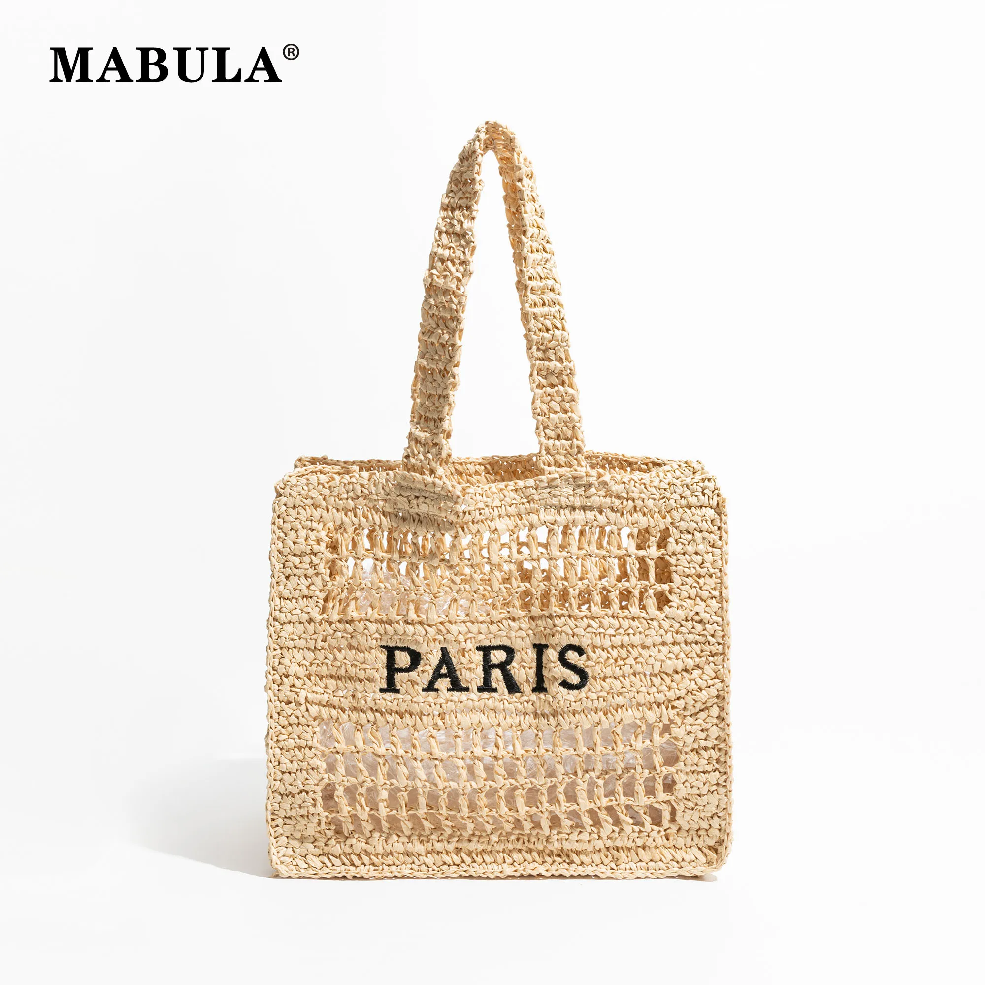 

MABULA Straw Handwoven Tote Handbag For Woman Square Hollow Out Beach Summer Shoulder Purse Lightweight Vacation Travel Bag