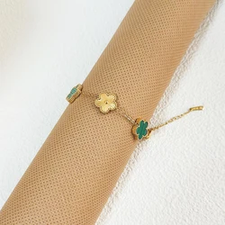 Clover Women's Double-Sided Flower Charm Bracelet - Stainless Steel Fashion Jewelry Gift (Green gold bracelet)