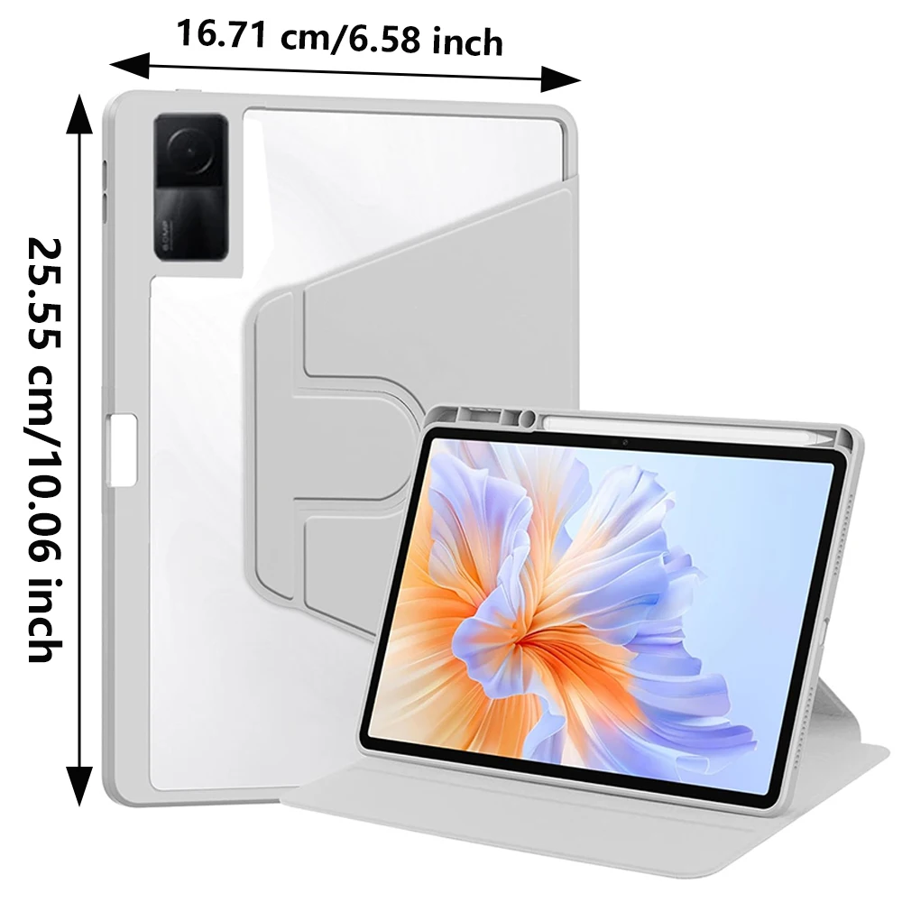 360° Rotating Clear Acrylic Tablet Case with Pencil Holder and Auto Sleep/Wake Feature, Shockproof Design