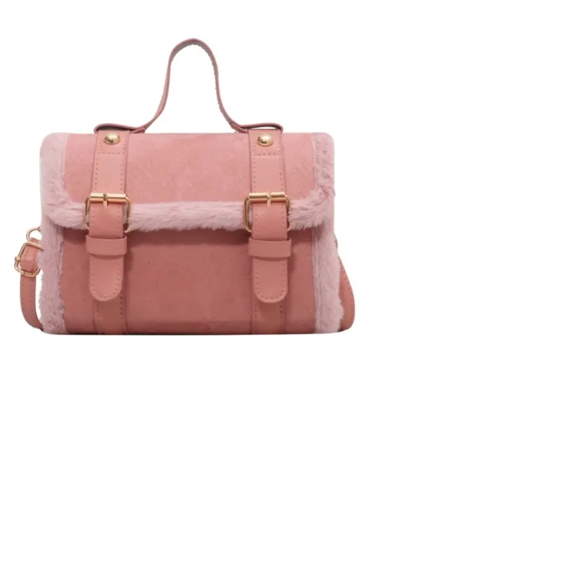 Sweet Cute Pink Handbag Women Studded Fuzzy Trim Large Capacity Shoulder Bags Ladies Gentle Fashion Niche Design Crossbody Bag