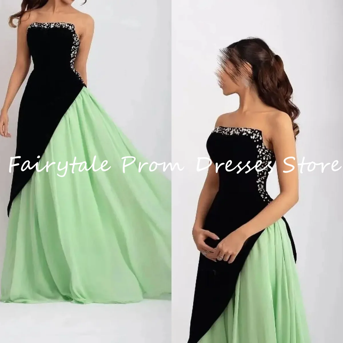 

Fairytale Saudi Arabia Prom Dresses Black and Greed Evening Dresses Crystal Beaded Square Formal Women Occasion Party Gowns