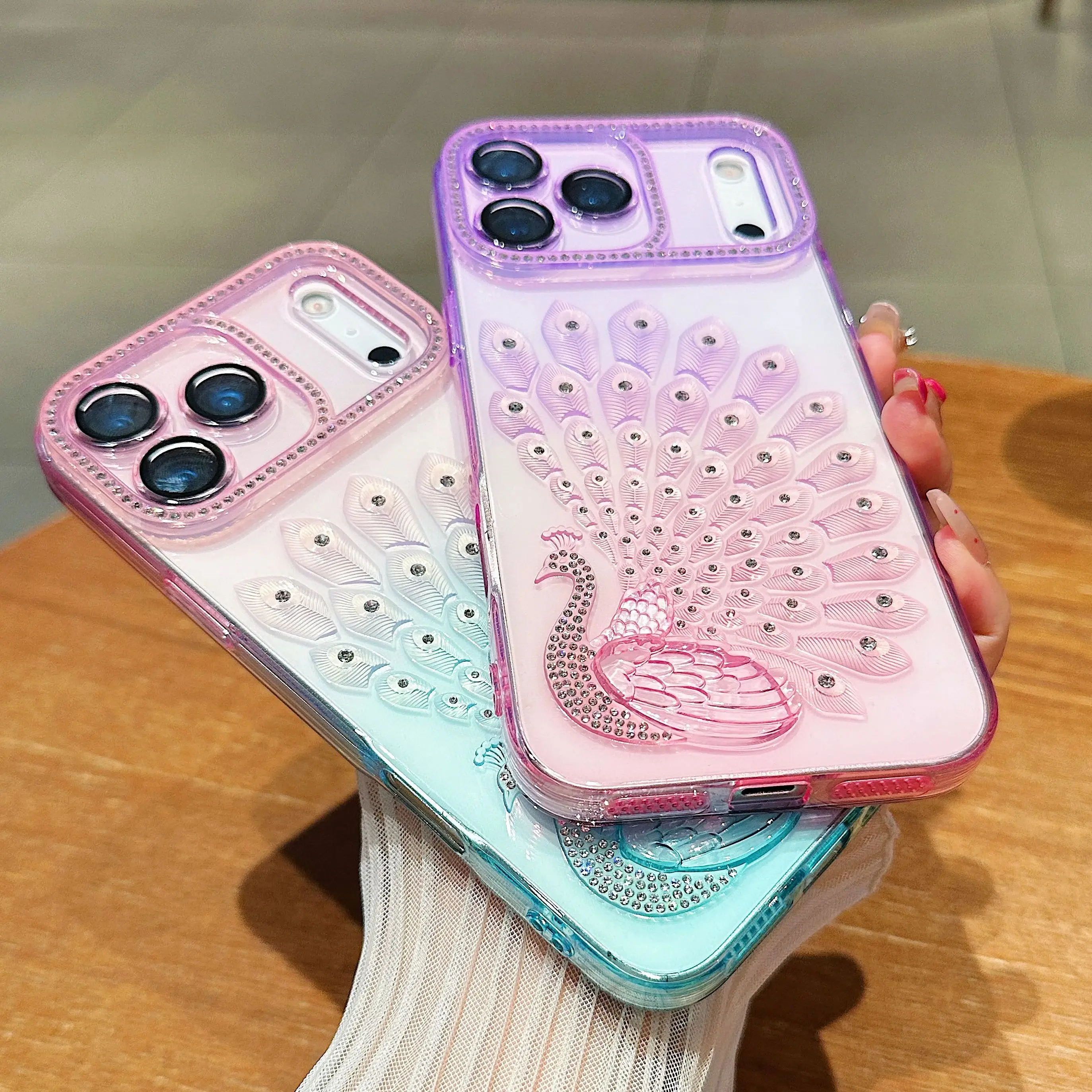 Colorful Peacock Diamond Aesthetic Gradient Clear Case with Lens Protection