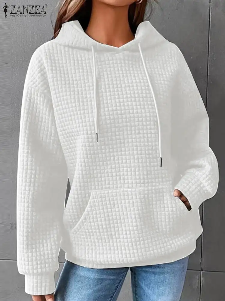 

ZANZEA Women Long Sleeve Hoodies Fashion Waffle Pullover 2023 Autumn Simple Solid Hooded Collar Sweatshirt Casual Drawstring Top