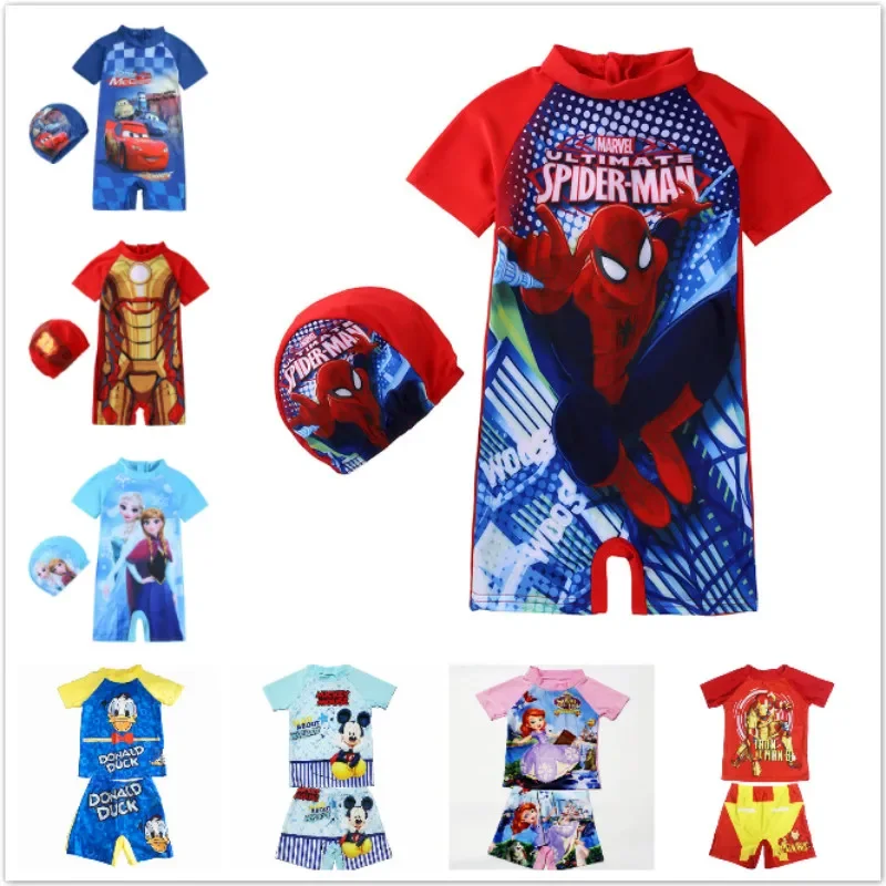 Children Swimwear Children Swimwear Cartoon Frozen Anna Elsa Pixar Cars Spiderman Boys Girls Beachwear Surfing Swimsuit Bathing Hat Set Wetsuit
