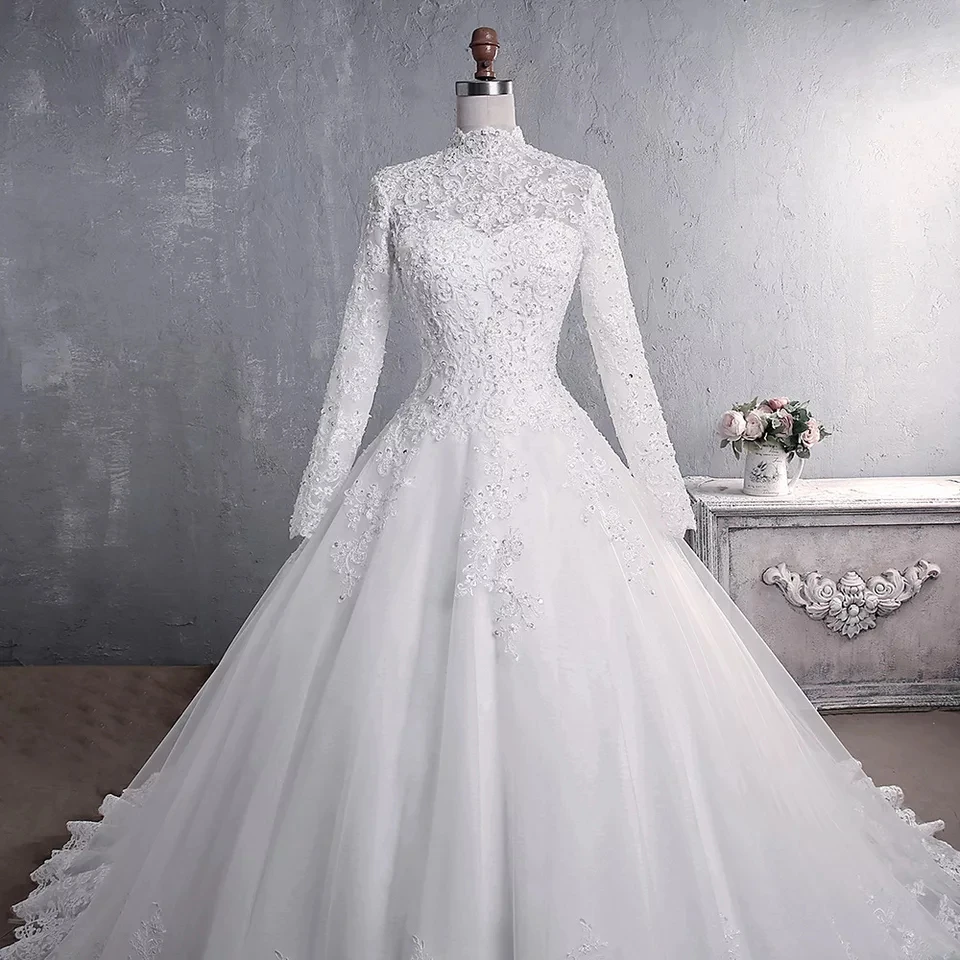 White/Ivory A-Line Long Sleeves Wedding Dress Lace Appliques Beading Sequins Bride Dresses High Neck Elegant Wedding Gowns pink wedding dress