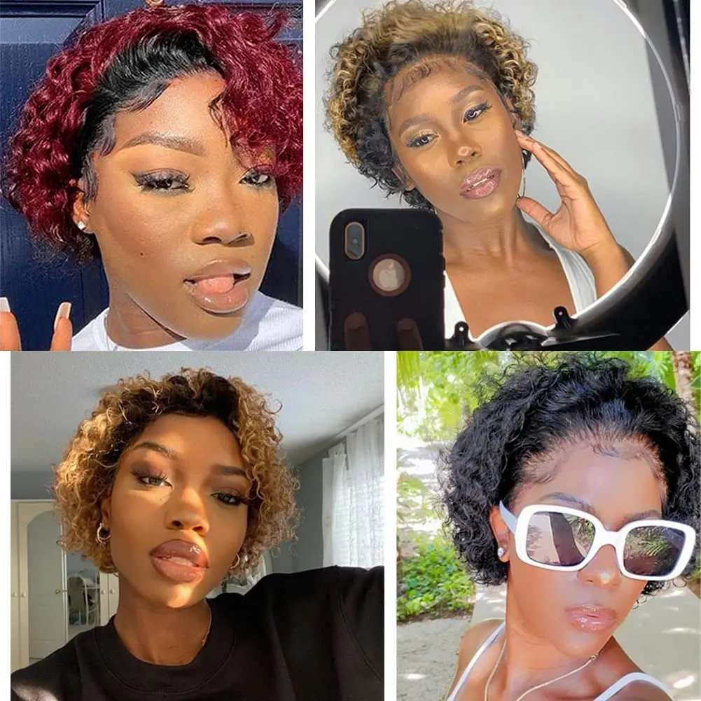 Short Curly Human Hair Wigs Pixie Cut Bob Glueless Wigs 13x1 Lace Front for Women