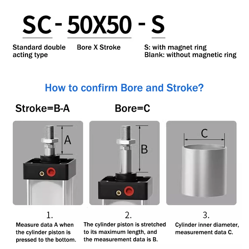 Pneumatic Cylinder Standard Pneumatic Cylinder SC32/40/50/63mm Bore Air Piston Double Acting 25-1000mm Stroke Aluminum Alloy Actuator Parts pneumatic cylinder