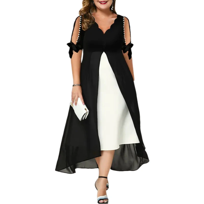 

Plus Size Women'S Dresses V Neck Off Shoulder Beading Sleeve Elegant Midi Loose Fit Party Dress Vestidos Curvy Tallas Grandes