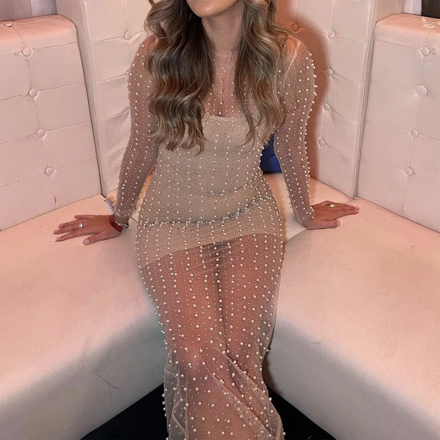 Vestido playero elegante de manga larga con perlas transparentes y decoración de diamantes para mujer, vestido playero liso dividido