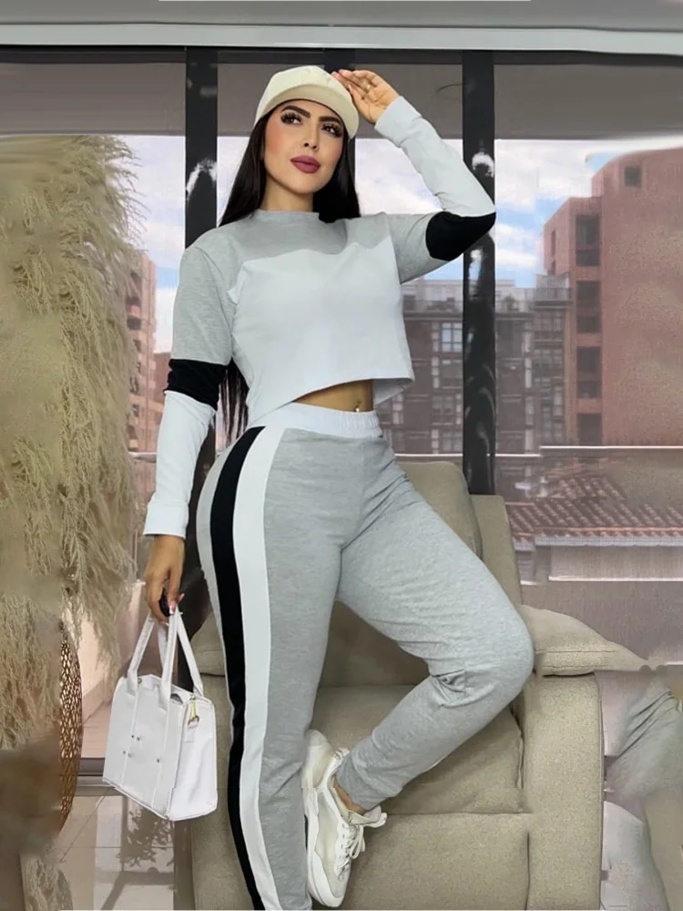 Wmstar Two Piece Set Women Wholesale European American Fashion Color Blocking Long Sleeved Pullover Sporty Casual Trousers