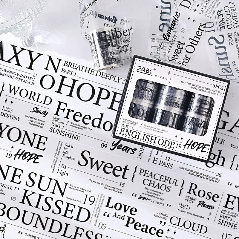 영어 핸드 텐트 테이프 박스 세트, PET 스티커, 텍스트 장식 풍경 스티커 롤, 정크 저널 용품, 6 개/세트