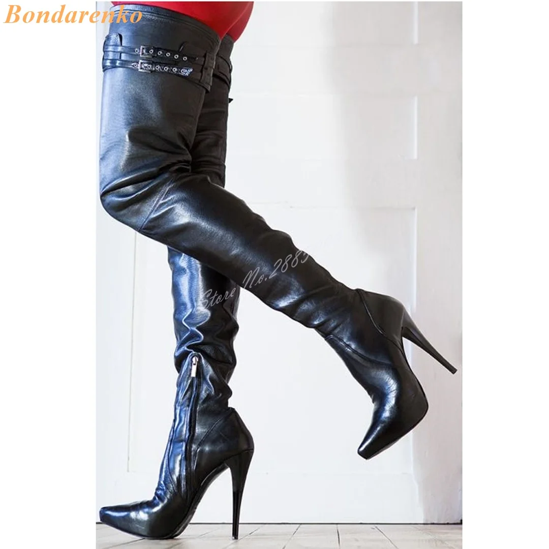 

Buckles Straps Thigh High Boots Pointy Toe Solid Leather Thin High Heels Side Zipper Sexy Women Shoes Winter Party Designer Boot