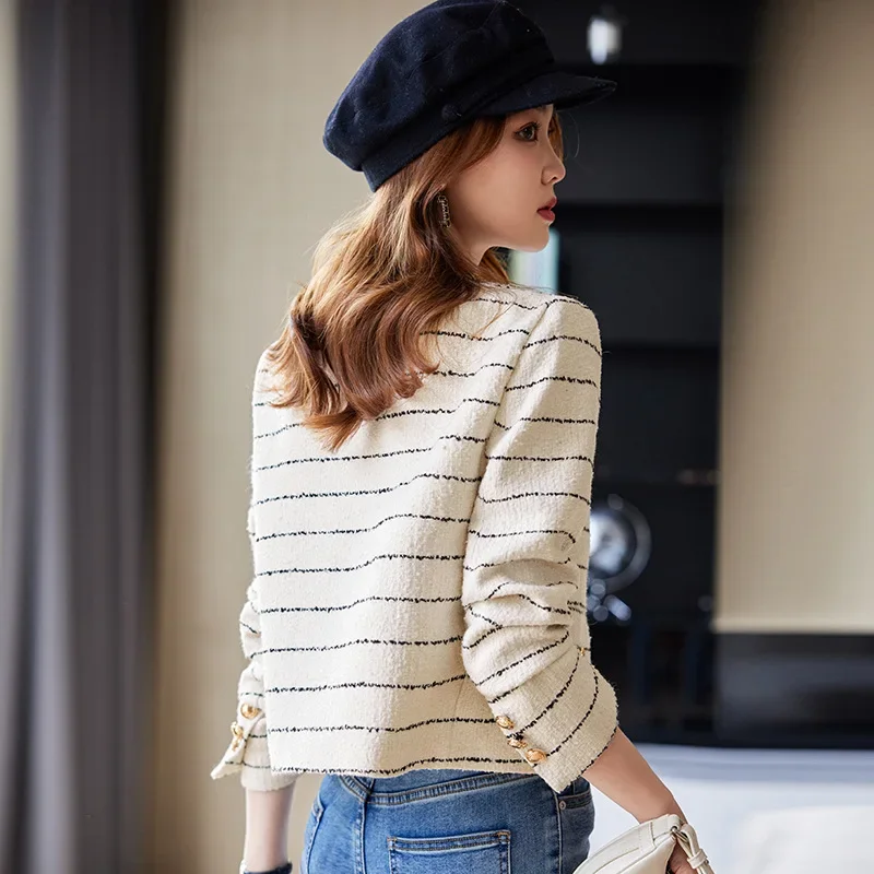 High quality short blazer for women striped jacket single breasted wool blend spring 2024 elegant fashion clothes - white