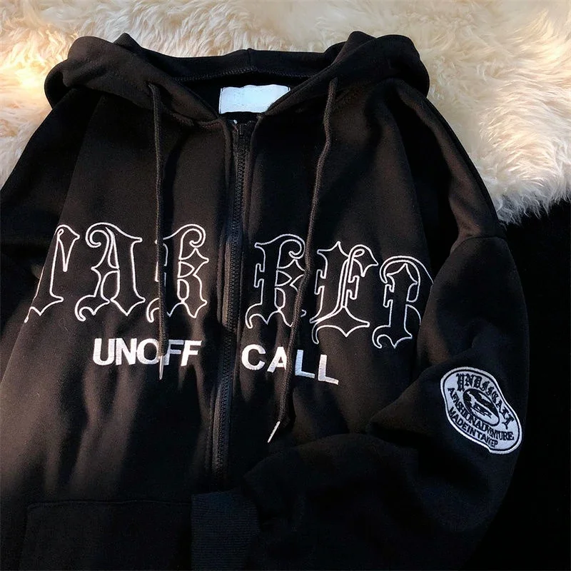 

Retro Letter Embroidery Hoodies Women Autumn Long Sleeve Loose Hoodie Streetwear Oversized Zip Up Hooded Sweatshirt Y2k Clothes